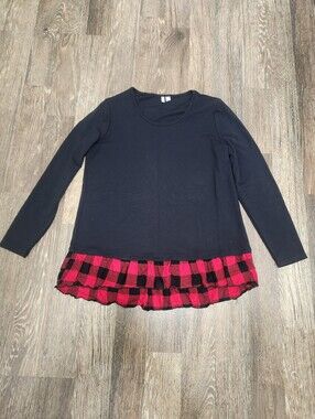 Womens Cato Long-Sleeve Black Top with Red And Black Plaid Ruffle Size Large